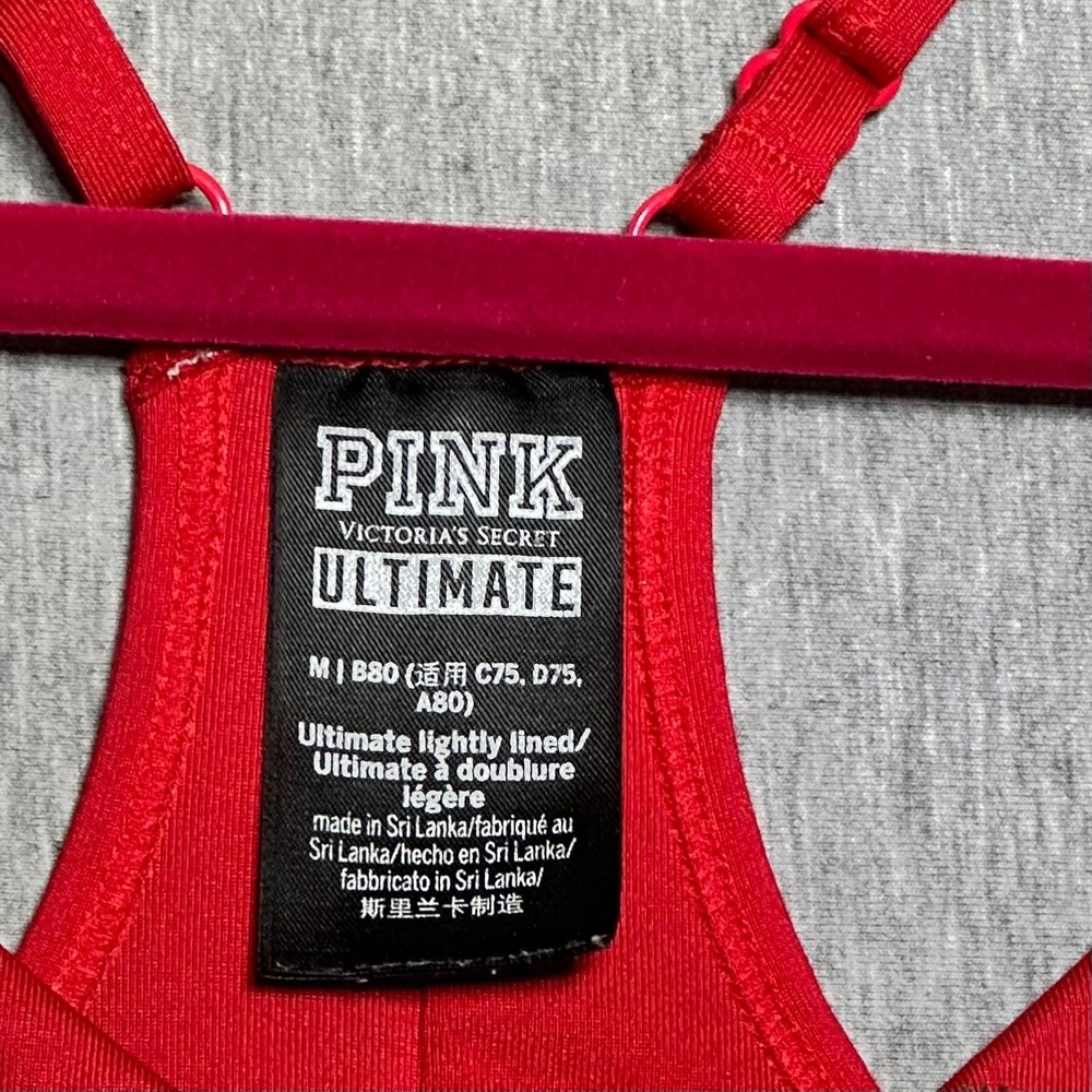 Victoria's Secret PINK Ultimate Sports Bra Red Gold Logo Lightly Lined Medium - Picture 3 of 7